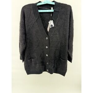 Tahari Eyelash Cardigan Black Button Front Sweater Women's Size Small Cozy